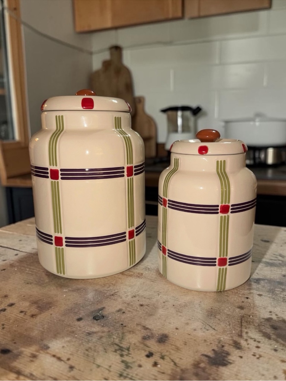 Longaberger Cream Ceramic Canister Set with Green Stripes and Red Accents